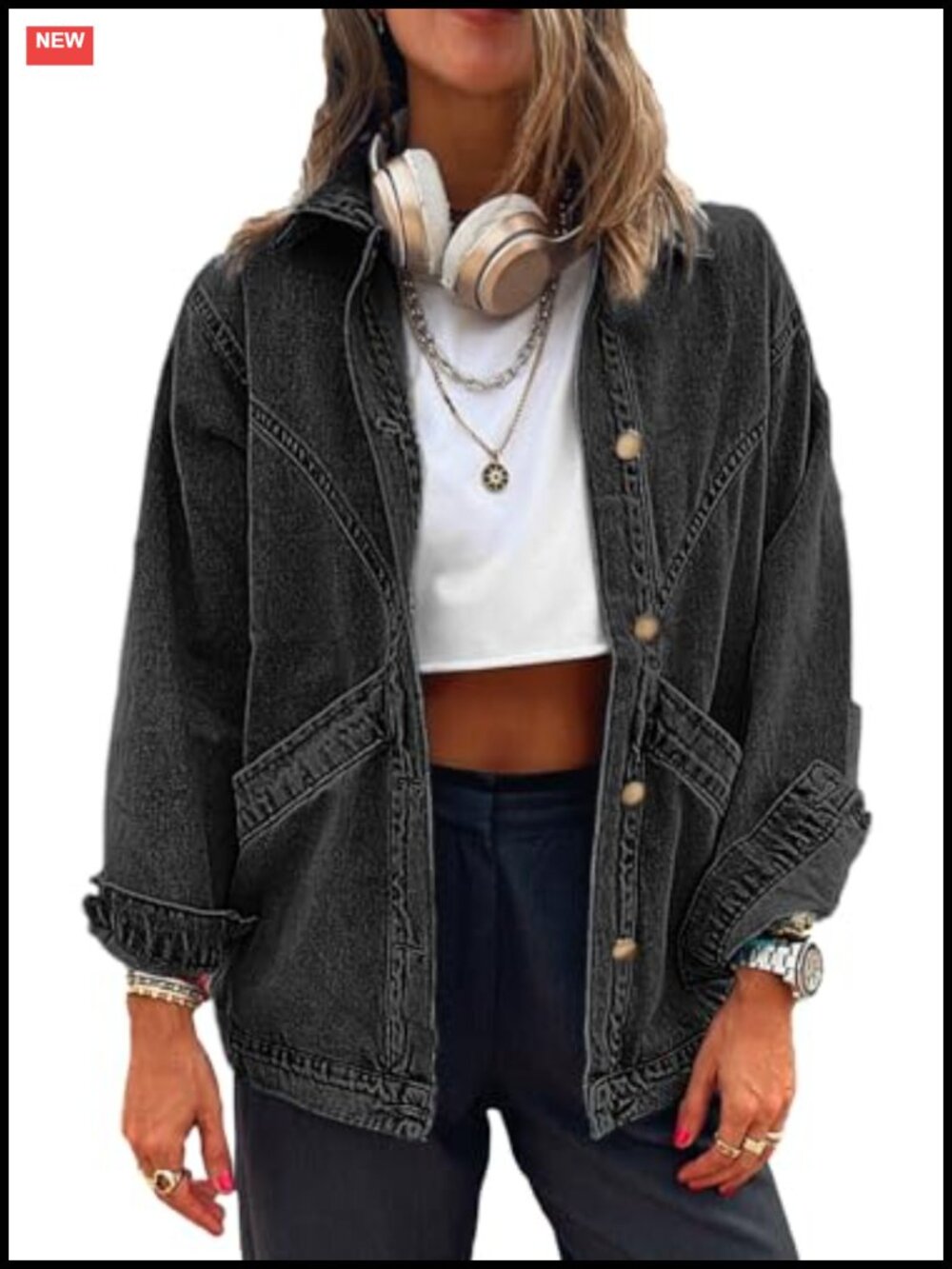 Women's Oversized Button Up Denim Jacket Cotton Long Sleeve